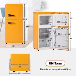 Sweiko Mini koelkast, Koel-vriescombinatie, Retro koelkast, 86.8*45.5 cm, dubbele deur, Totaal volume van 60L, Vrieskamer capaciteit van 22L, 163 kWh/jaar, -27° C~13° C, LED licht, Geel, Energieniveau F — thumbnail 3