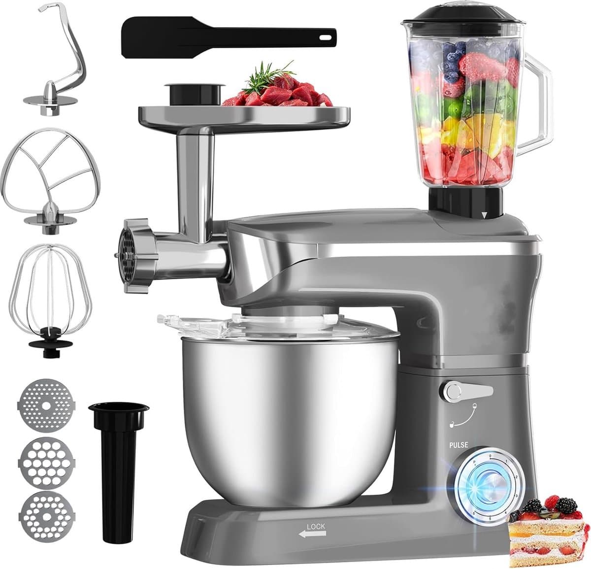 Royalty Line® PKM1900BG 3 in 1 Keukenmachine - 6.5 L Keukenrobot - 1900W Foodprocessor - Keukenmixer Met Blender & Vleesmolen - Zilver — afbeelding 1