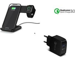 DrPhone 2-in-1 Pro Draadloos Oplaadstation – Snelladen Dock voor iPhone & Android Smartphones + iOS Smartwatch 38-45mm – Zwart