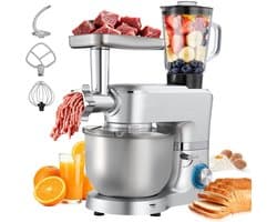 Keukenmachine - Standmixer en Deegmixer - 1500 W - RVS Kom 6 L + Mengkom 1,5 L - 6 Snelheden + Pulse - Deeghaak, Garde en Klopper