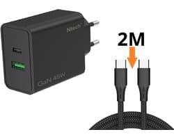 Ntech - USB C Adapter 45W & USB-A 18W - USB C Oplader Zwart - Inclusief USB-C Kabel 2 Meter - USB C Snellader - USB C Lader - Universeel o.a. Telefoons & Laptops