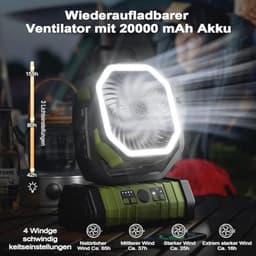Draagbare Campingventilator met LED licht - 20.000 mAh, 4 standen, USB, Stil, Met Afstandsbediening en Haken - Ideaal voor Picknick, Barbecue, Vissen en Wandelen — thumbnail 4
