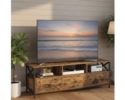 Industrieel TV-meubel / Lowboard 147 cm – TV-kast voor televisies tot 65 inch – Vintage Bruin-Zwart met 3 Laden en 3 Open Vakken – Woonkamer Meubel met Stalen Frame en Robuust Houten Opbergmeubel Depauwwonen