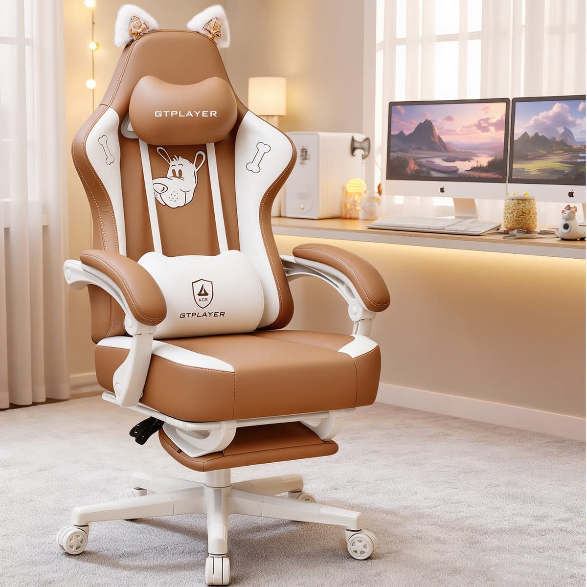 GTPLAYER - Game-stoel - Met Fluweel Stof Kattenoren en Memory Foam - Kunstleder-Bruin — afbeelding 1