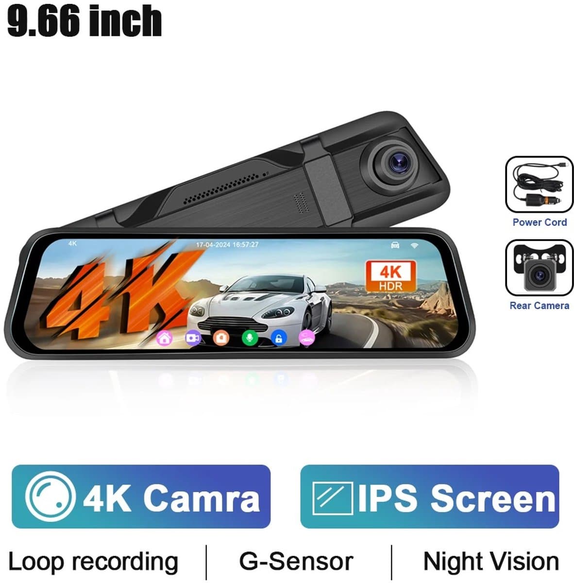 Tresaro 9.66Inch - 04K HD - Auto DVR IPS Touchscreen Dash Cam - Dual Lens - Video Recorder - WIFI Streamen - View Spiegel - zwaartekracht selectie BSD LCA — afbeelding 1