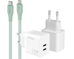 Snellader usb C oplader - Power Delivery GaN adapter met 2 usb C poorten - Geschikt voor iPhone 14 t/m 11 en iPad met Lightning kabel - Dubbele usb C oplader voor telefoon en tablet