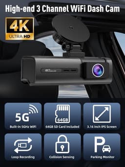 3-kanaals Dashcam - Auto camera - Veilig rijden - 4K front en achter - 3.1 inch scherm - Zwart — thumbnail 3