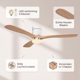 Plafondventilator met lamp - Diameter 132 cm - 3 kleurtemperaturen - massief houten bladen - Scandinavisch - natuurlijk hout en zilver — thumbnail 2