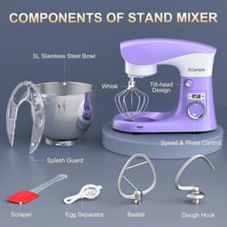 Keukenmachine 1500W – Kneedmachine met 10 Snelheden – 5L RVS Mengkom – Vaatwasserbestendig – Paars/Wit — thumbnail 2