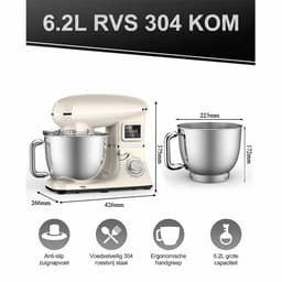 SHANNA Digitale Keukenmachine – 1600W Zuiver Koper – Standmixer – Bakmachine - 6,2L RVS Mengkom – Met LCD Timer, Deeghaak, Garde en Complete Bakaccessoires – Crèmewit — thumbnail 3