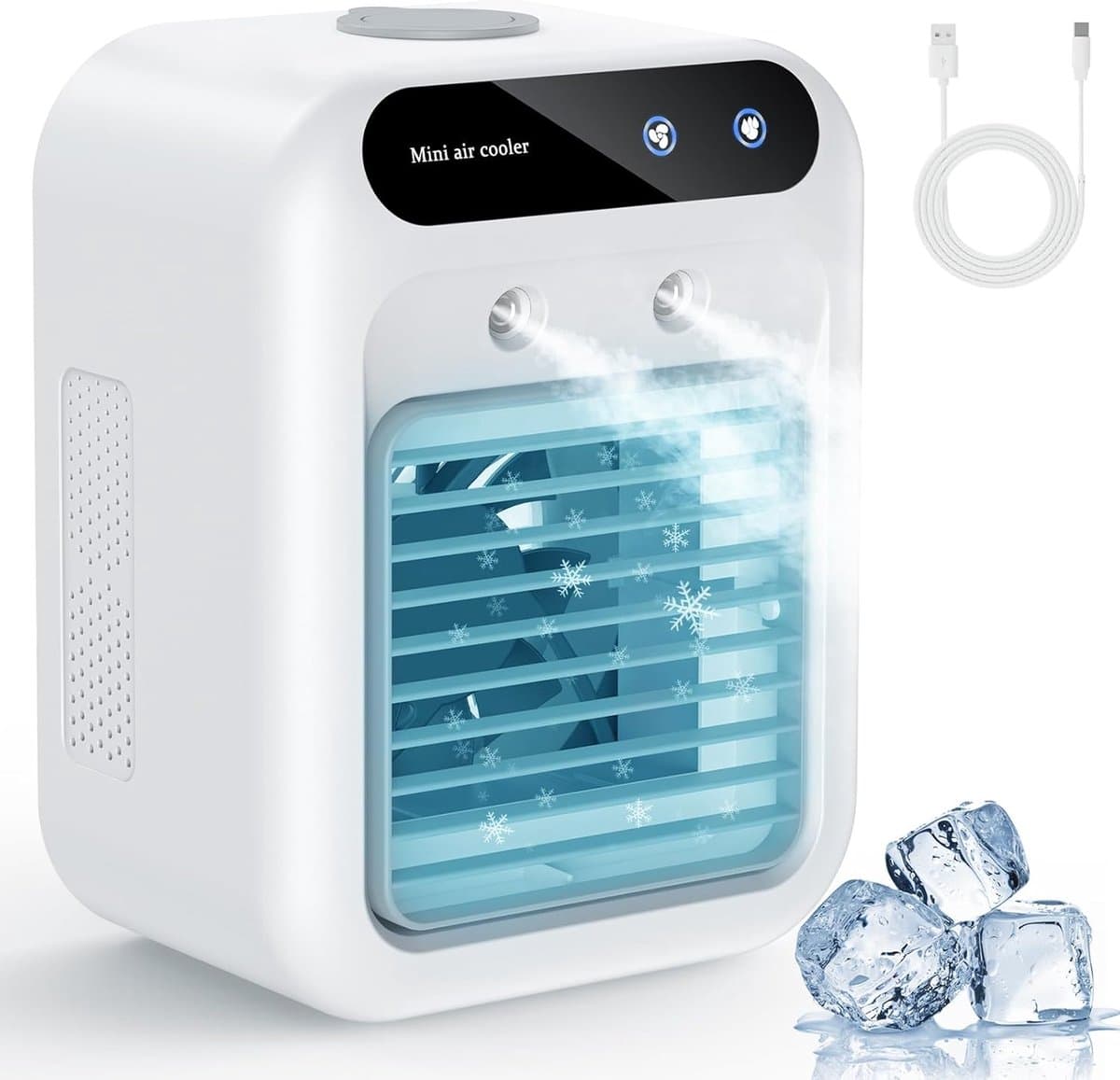 Mobiele Airco en Mini Luchtkoeler met Groot Watertank - 4-in-1 Kleine Aircooler met 3 Snelheden - Fluisterstille Tafelventilator met Waterverneveling voor Slaapkamer, Thuiskantoor en Camping - Wit — afbeelding 1