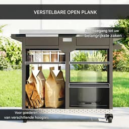 Buitenkeuken op Wielen – BBQ Trolley – Met Opbergkast & Planken – Werktafel voor Buiten – Hout & Metaal – Multifunctioneel – Zwart — thumbnail 5