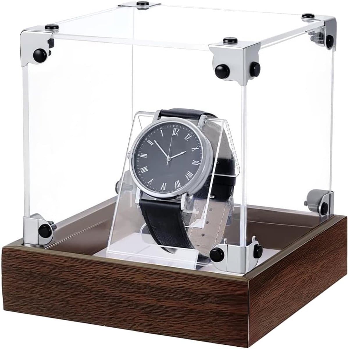 Elegante horlogedoos met houten sokkel en armbandhouder, sieradendisplay voor heren en dames, 11,8 x 11,8 x 13,1 cm, perfect voor horlogeopslag en organisatie — afbeelding 1