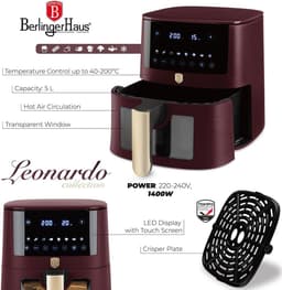 Digitale Heteluchtfriteuse - Olievrije Friteuse - Gezond Koken - 8 Automatische Programma's - 5 Liter Capaciteit - Mat Bordeaux — thumbnail 5