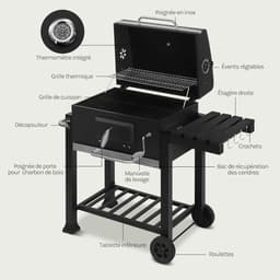 LUMÉ STORE Houtskool Barbecue XXL - BBQ - Grill Apparaat - Ingebouwde Thermometer - Aslade - Opbergrek - Zijplank - Wielen - Zwart — thumbnail 2