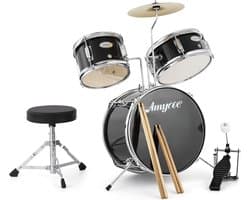 Compleet 3-Delig Kinder Drumstel - Zwart - Inclusief Krukje, Pedaal en Drumstokken - Voor Beginners