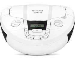 TechniSat VIOLA CD-1 - draagbare stereo cd-speler, boombox met praktische draaggreep (radio voor kinderen, FM-radiotuner, bluetooth-ontvangst, 2 x 1 W RMS-vermogen, net- en batterijvoeding) wit