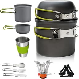 Complete Camping Servies Set, 10-delige Kookset van Aluminium, Draagbare Buitenkeuken, Opvouwbaar Bestek en Mini Campingfornuis voor Hiking, Vissen en Picknicks — thumbnail 1
