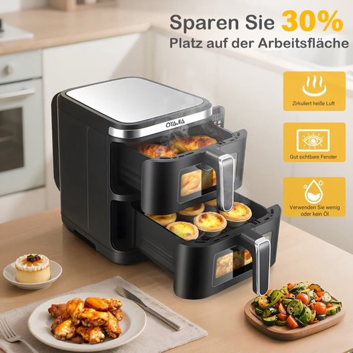 Airfryer – Heteluchtfriteuse – Dubbele Mand – Dubbele Lade – XXL Heteluchtoven – 11L Capaciteit – Verticaal Stapelbaar – PFAS-vrij – 2800W – 10 Kookprogramma’s – Sync & Match Functie — afbeelding 1
