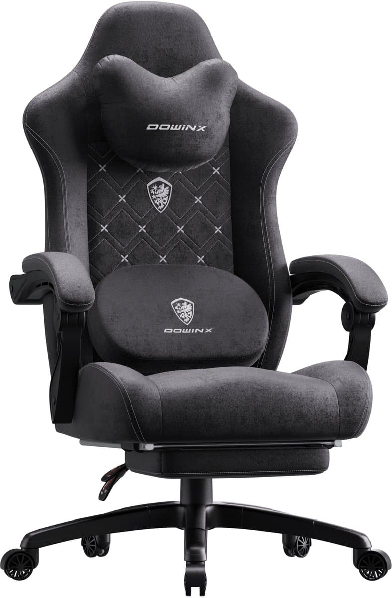 Dowinx Ergonomische Bureaustoel/Gamingstoel – Met Verwarming En Massagefunctie – Met Lendensteun – Breed Zitkussen – Met Armleuningen En Voetsteun – Stof – Zwart — afbeelding 1