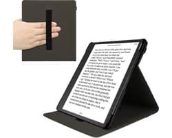 kwmobile e-reader hoesje geschikt voor Amazon Kindle Scribe (2024) hoes - Ereader flip case met standaard - Kunstleren e reader cover - Meisje met boeken design in zwart / beige