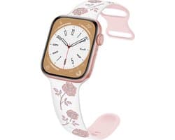 By Qubix - Geschikt voor Apple Watch bandje - Siliconen bandje met rozen - Wit / roze - Geschikt voor Apple Watch 38 mm / 40 mm / 41 mm / 42 mm - Smartwatch bandje