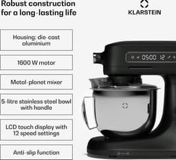 Klarstein Chiara 1600W Keukenmachine – 5L roestvrijstalen kom, 12 snelheden, LCD-touchdisplay, Stil ≤72 dB, Vaatwasserbestendige patisserieset, Aluminium spuitgietbehuizing, Zwart — thumbnail 5