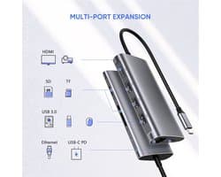 M-TECK 8-in-1 USB-C Hub Docking Station met HDMI - 3 x USB-3.0 - USB-C (Opladen) - SD/Micro SD - Ethernet - Geschikt voor Laptops, Tablets en MacBooks