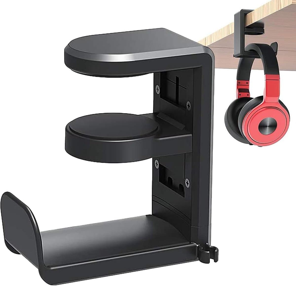 Headset Houder - Headset Haak - Hoofdtelefoon Hanger - Headset Standaard - Koptelefoon Houder voor onder Bureau - Hoofdtelefoon Hanger met Verstelbare & Roterende Arm Klem - Zwart - 1 Stuk — afbeelding 1