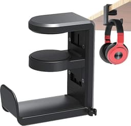 Headset Houder - Headset Haak - Hoofdtelefoon Hanger - Headset Standaard - Koptelefoon Houder voor onder Bureau - Hoofdtelefoon Hanger met Verstelbare & Roterende Arm Klem - Zwart - 1 Stuk — thumbnail 1
