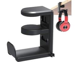 Headset Houder - Headset Haak - Hoofdtelefoon Hanger - Headset Standaard - Koptelefoon Houder voor onder Bureau - Hoofdtelefoon Hanger met Verstelbare & Roterende Arm Klem - Zwart - 1 Stuk