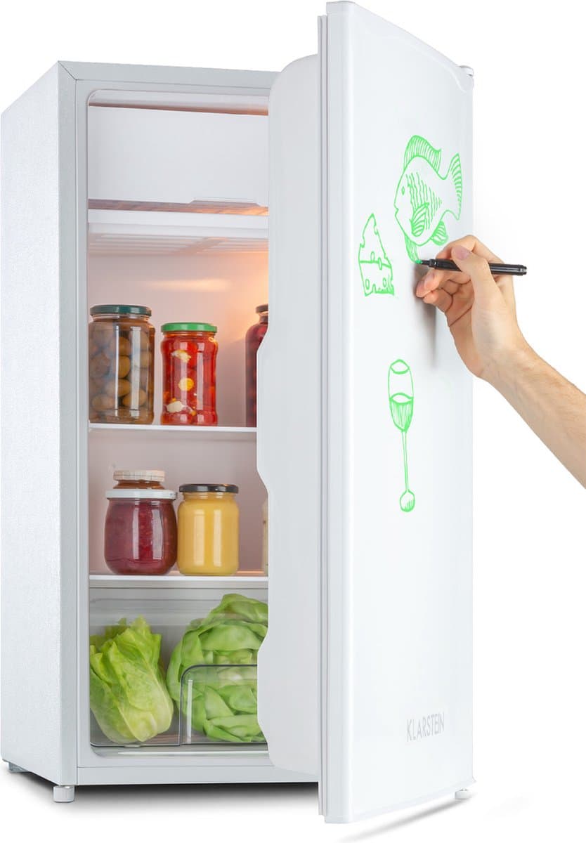 Klarstein Spitzbergen – Koelkast, energie-efficiëntieklasse E, vriesvak, ZestfulART-design: beschrijfbare deur inclusief marker, 2 deurvakken, wit, 90 liter — afbeelding 1