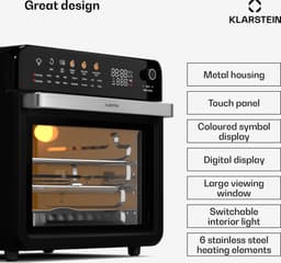 Klarstein Airfryer AirGlaze Digitale Heteluchtfriteuse – 34 L, 2200 W, 19 Programma’s, Rotisserie, Touchdisplay, 40–350 °C, Pizzasteen & Grillroosters, Dubbel Glasdeur, Zwart - voor Keuken - Timer - Heteluchtoven — thumbnail 3