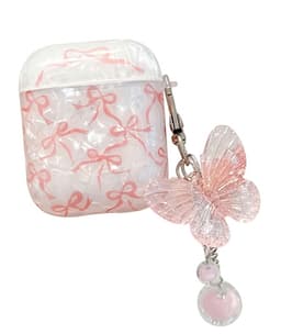 Wit transparant parelmoer hoesje voor oordopjes dames met roze strik patroon en vlinder hanger geschikt voor AirPods 4 hardcase beschermhoes — thumbnail 1