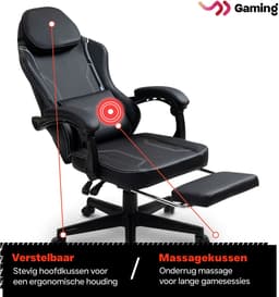 VDD Gaming - Gamestoel met massagefunctie en voetsteun - Gaming chair in de kleur Zwart - Game stoel met nekkussen & verstelbaar rugkussen - Ergonomische bureaustoel met padded armsteunen - Max draagvermogen 150 kg - Verstelbare ruggensteun — thumbnail 4