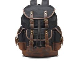 DE LAMASSU® Canvas Laptop Rugzak 15.6 inch – Vintage Backpack – Waterafstotend – Echt Leer – 22L – 32 × 15 × 45 cm