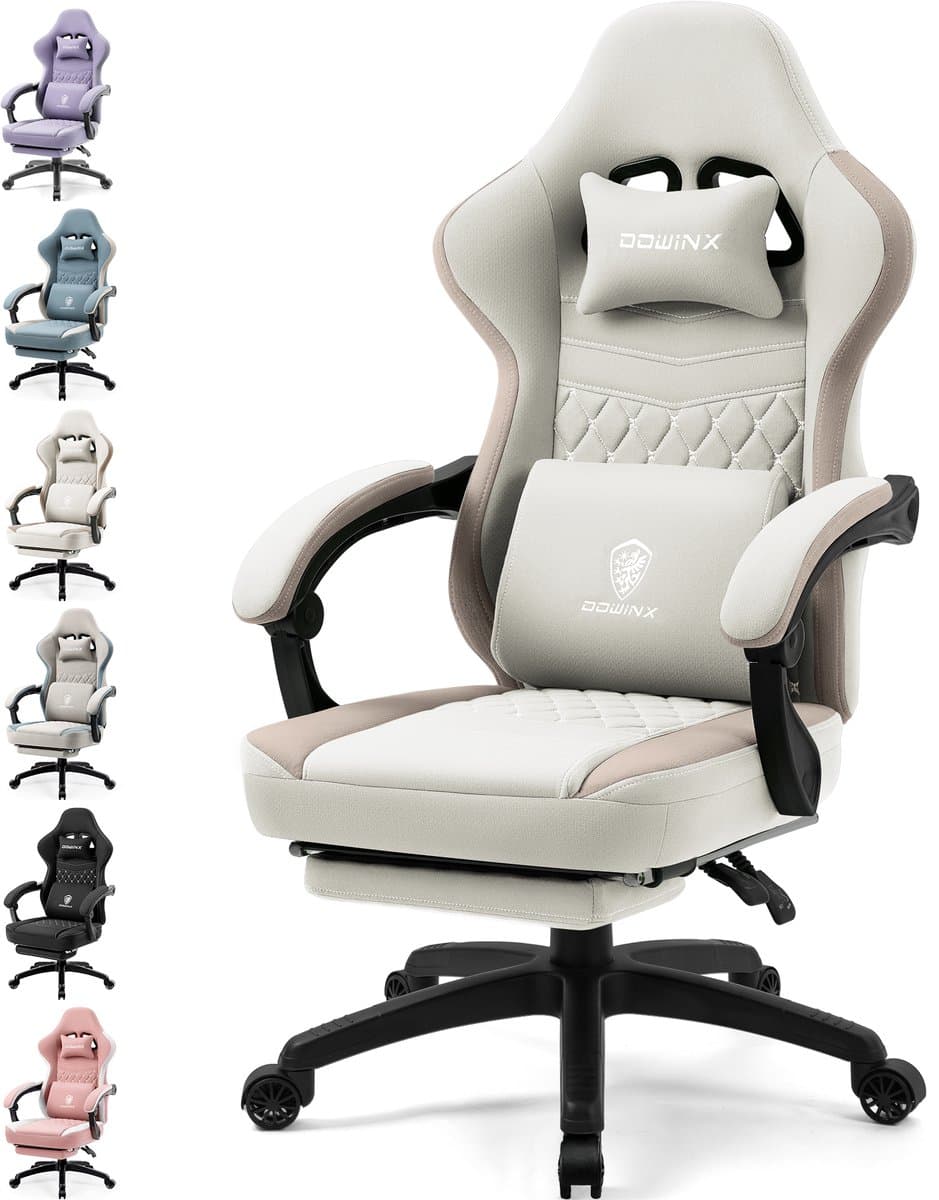 Dowinx Gamingstoel van Stof - Ergonomische Bureaustoel met Massagefunctie en Voetensteun - PC-stoel - Belastbaar tot 150 kg - Beige — afbeelding 1