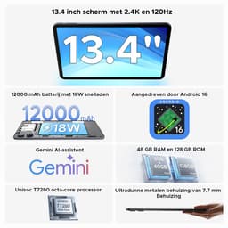 POCKAM P13 Tablets - 48 GB RAM 128 GB ROM - 13,4 inch 2,4K 120 Hz - Android 16 - Gemini AI - 12000 mAh/18 W - Face ID - Widevine L1 - 13 MP + 8 MP camera - Dubbele luidsprekers - Tablet met toetsenbord en pennenhouder - Grijs — thumbnail 8