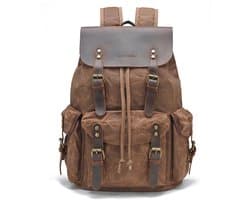 DE LAMASSU® Vintage Canvas Rugzak 16 inch Laptop – 24L – Waterafstotend – Echt Leer – 33x15,5x47 cm – Unisex Werk & Reizen