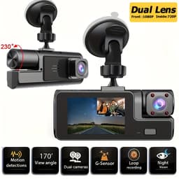 Dashcam voor in de auto met dubbele opnamefunctie voor en achter | Camera aan de voorzijde 1080P & ingebouwde camera 720P, 170° groothoek, nachtzicht, compacte dashcam, geschikt voor auto's, 24-uurs parkeerbewaking, — thumbnail 1