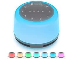 Draagbare witte ruisgenerator met 7-kleurig nachtlampje, 24 rustgevende geluidseffecten, timer, oplaadbaar en draadloos; geschikt als rustgevend apparaat voor kinderen en baby's.