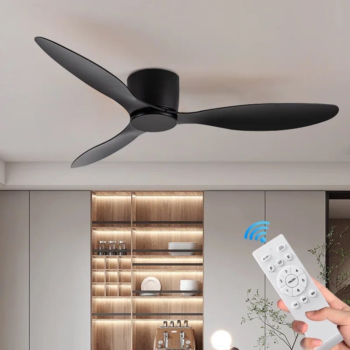 Plafondventilator 3 blad Ø105cm zwart - stille ventilator – top kwaliteit - energie zuinig – met remote - ventilator voor laag plafond - 6 snelheden – beste alternatief voor airco - zomer en winter stand – houten ventilator — afbeelding 1