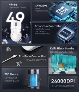 Attack Shark X3 draadloze gaming muis PAW3395, superlicht 49 g, 26.000 DPI, tri mode 2.4G Bluetooth en USB C, 200 uur batterij, programmeerbare knoppen — thumbnail 6