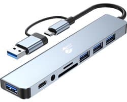 Grey Fox 8 in 1 USB Hub - USB Splitter 2.0/3.0 - USB C Type - Micro TF/SD Kaarlezer - Audio - Geschikt voor Mobiel, Laptop, Macbook en Windows