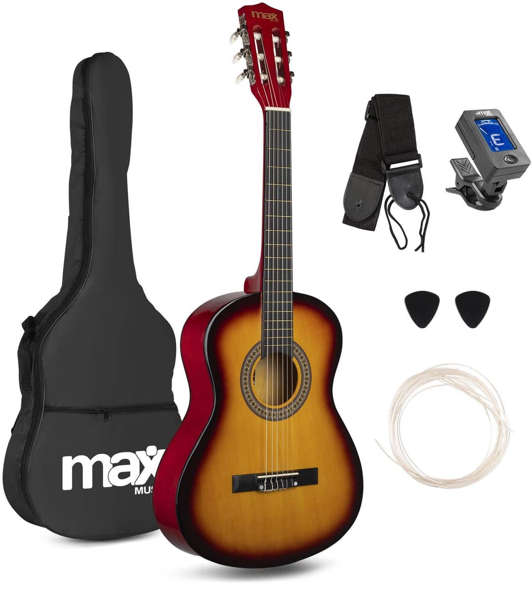 Kinder gitaar - MAX SoloArt akoestische gitaar 3/4 - Met gratis muzieklessen en accessoires - Sunburst — afbeelding 1