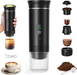 Draagbaar koffiezetapparaat 3-in-1 - Oplaadbaar, draagbaar reiskoffiezetapparaat - 20-25 uur - 12V espressomachine voor capsule-Capaciteitsupgrade -CNC - Verhoogde capaciteit-gemalen koffie - voor kamperen, reizen, kantoor, auto en thuis (zwart) — thumbnail 1