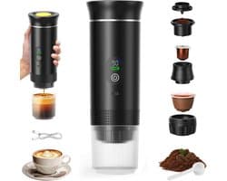 Draagbaar koffiezetapparaat 3-in-1 - Oplaadbaar, draagbaar reiskoffiezetapparaat - 20-25 uur - 12V espressomachine voor capsule-Capaciteitsupgrade -CNC - Verhoogde capaciteit-gemalen koffie - voor kamperen, reizen, kantoor, auto en thuis (zwart)
