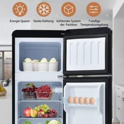 Retro koelkast. Koel-vriescombinatie, 105,5 cm hoog, 41 cm breed, twee deuren, met een totaal volume van 92 liter, vriesvolume van 28 liter. Deurvakken en glazen planken. 116 kWh/jaar, -27 °C ~13 °C, ledverlichting, zwart — thumbnail 5