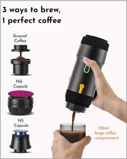 Draagbare espressomachine, 3-in-1 draagbare koffiezetapparaat, 20 bar mini-espressomachine, zelfverwarmende reis-espressomachine compatibel met NS, DG-pods en gemalen koffie, voor kamperen, wandelen, kantoor, camper — thumbnail 5