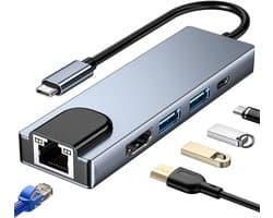 USB C hub multi-port adapter met 5-in-1 ontwerp met HDMI, ethernet poort, USB 3.0/2.0 poort en 100W PD oplaadfunctie, geschikt voor MacBook Pro/Air, Pad Pro, iMac, XPS en nog veel meer apparaten.